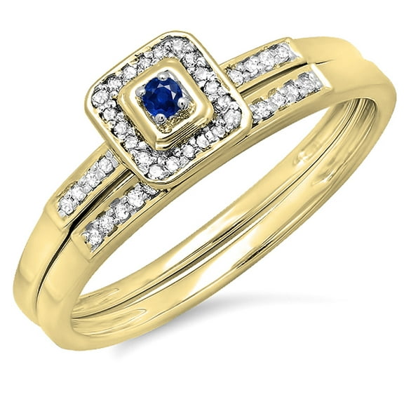 Dazzlingrock Collection 10K Round Blue Sapphire And White Diamond Halo Engagement Wedding Bridal Ring Set, Yellow Gold, Size 8.5