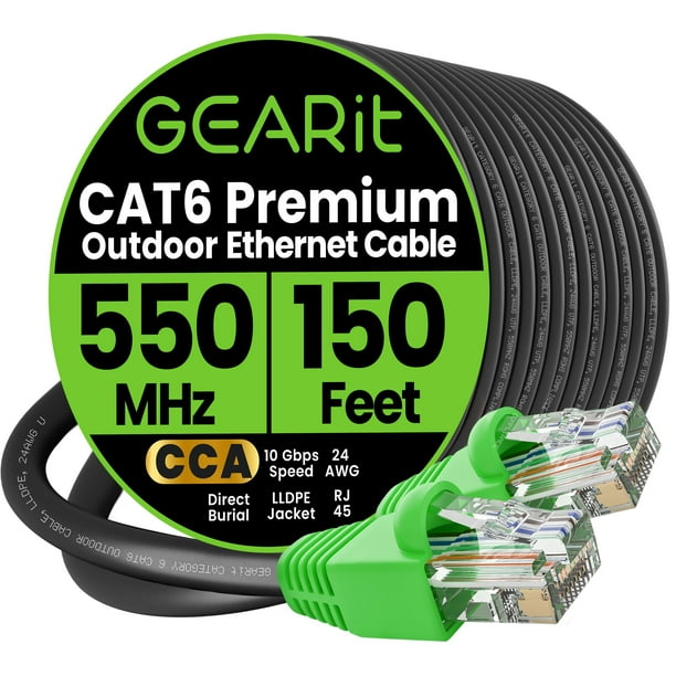 GearIT Cat6 Cable Ethernet para Exteriores con Revestimiento de Cobre y Aluminio (CCA), 150 Pies.