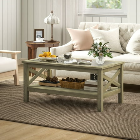 Newboti Furniture Glass Coffee Table, Modern Farmhouse Center Table with Storage, Side Table for Living Room with Classic X-Bar Style Sides, Gray 00307