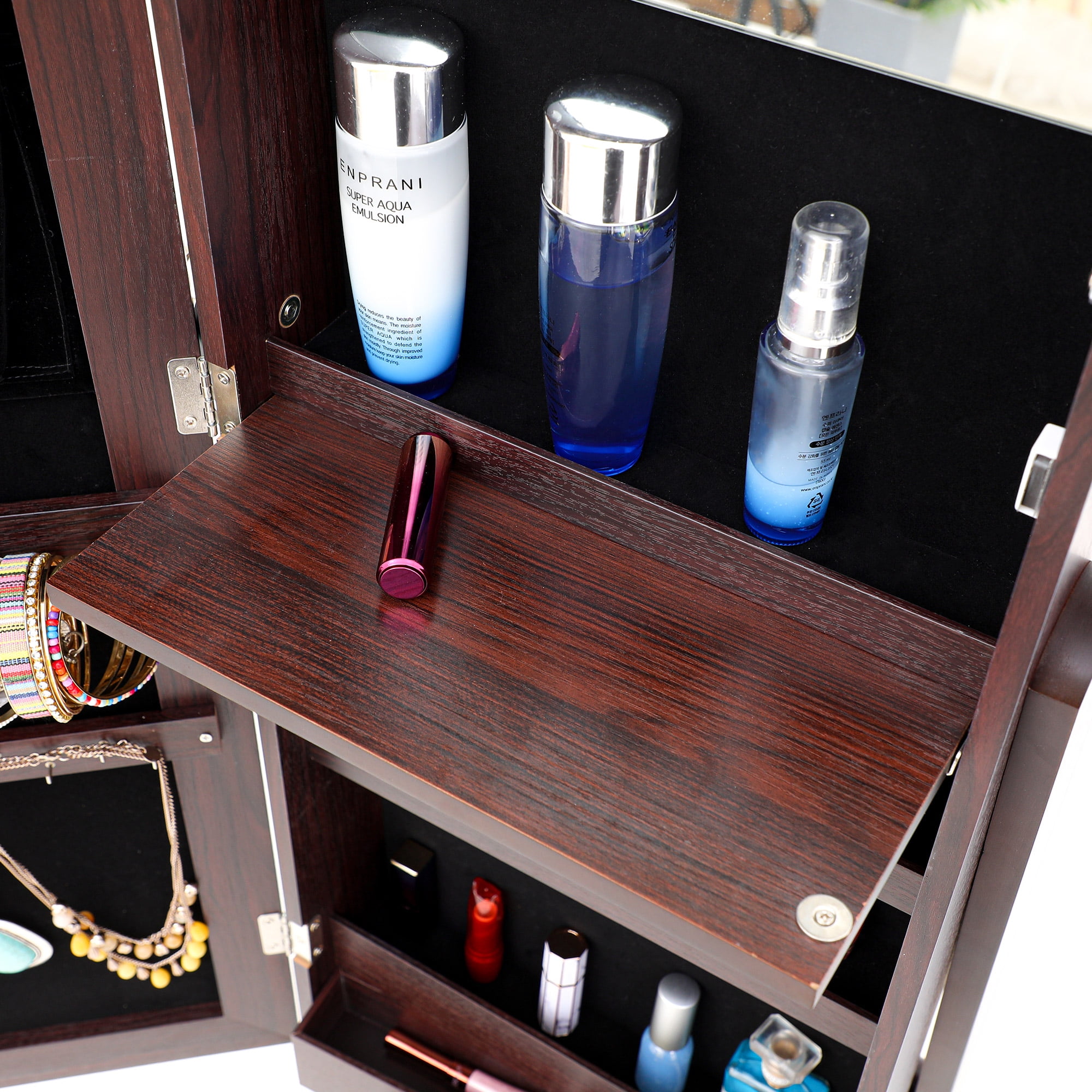 Resenkos LED Light Jewelry Armoire with Full-Length Mirror, Brown Standing Mounted Lockable Jewelry Organizer Cabinet Resenkos LED Light Jewelry Armoire with Full-Length Mirror, Brown Standing Mounted Lockable Jewelry Organizer Cabinet