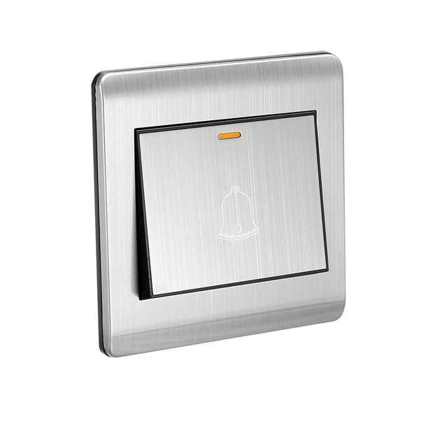 Interruptor de botón de timbre montado en la pared, reiniciable, tono plateado, AC 250V 16A, panel de acero inoxidable 3.39''x3.39''