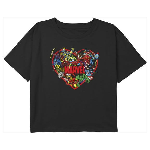 Girl's Marvel Valentine's Day Classic Hero Heart Graphic Cropped T-Shirt Black Small