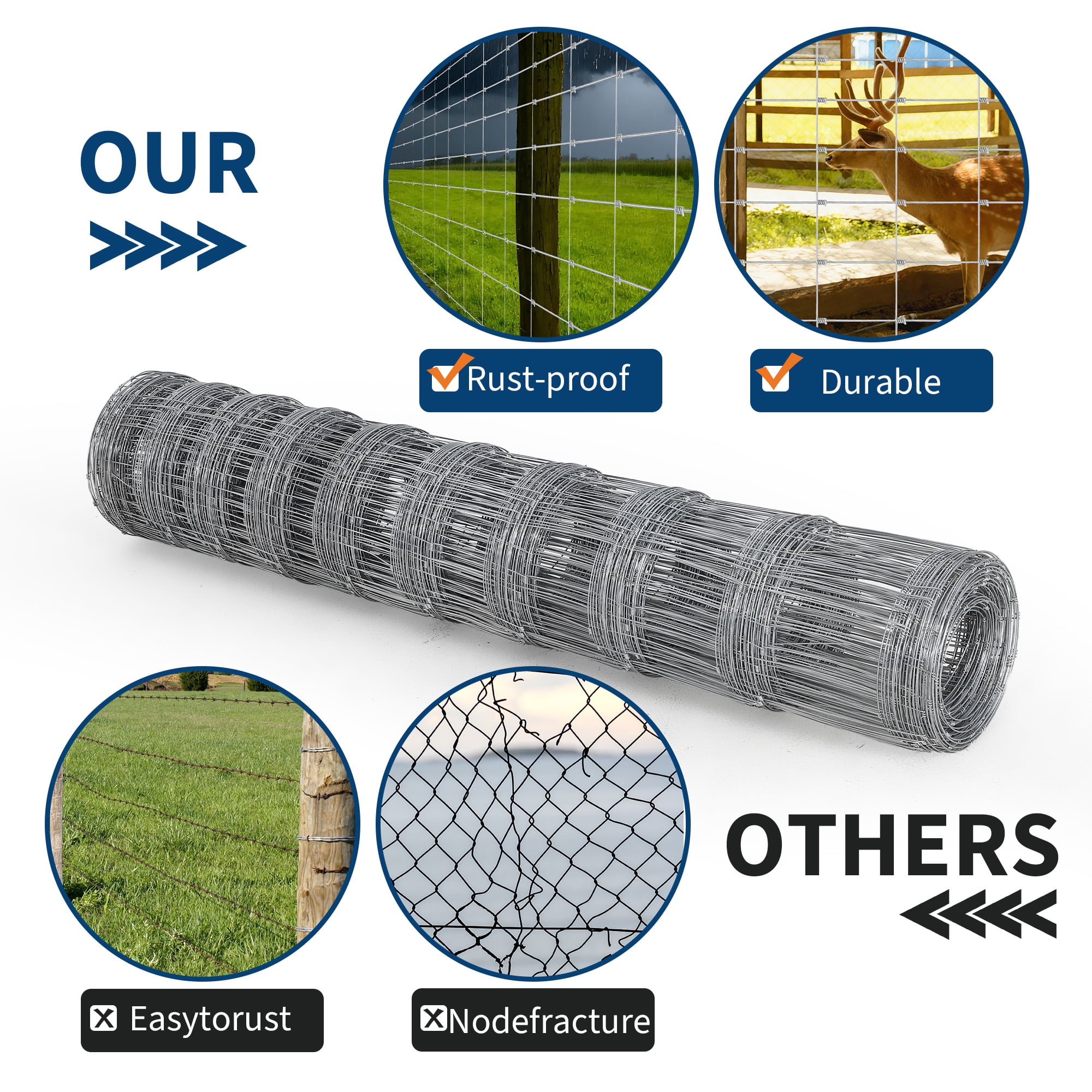 Gaderth 6Ft x 100Ft Heavy-Duty Galvanized Wire Livestock Fence, Durable Metal Mesh for Cattle, Goat & Deer Protection, Corrosion-Resistant Farm & Yard Barrier