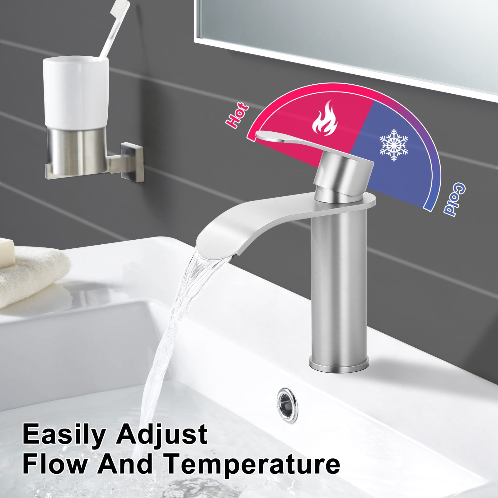 WOWOW Waterfall Bathroom Faucet Single Handle, Single Hole Bathroom Sink Faucet Stainless Steel, Brushed Nickel Bathroom Faucet with Deck Plate, 1 Hole or 3 Hole Lavatory Faucet for Bathroom Sink