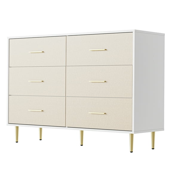 6 Drawer Dresser, Modern Wooden Dresser with Gold Metal Legs & Handles, White Chest of Drawers for Bedroom, Large Double Storage Cabinet for Living Room, Entryway