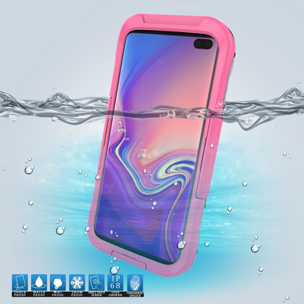 Waterproof Fully Sealed Hard Case For Samsung Galaxy S10 Plus With Plastic Screen Protector Cover For Swimming, Beach, Camping, Vacation Outdoor Use (Pink)