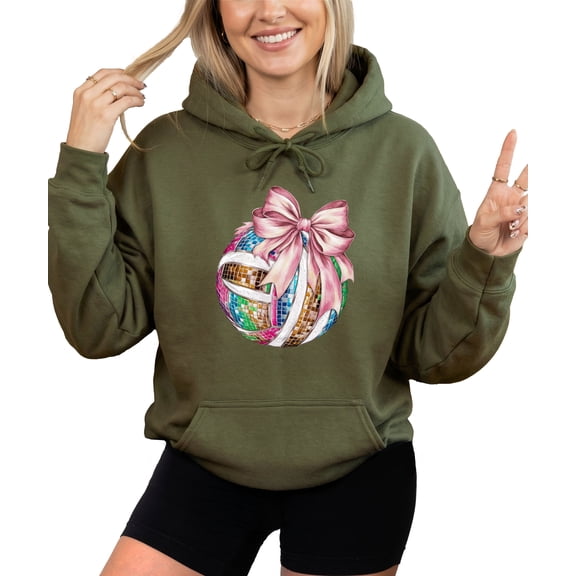Disco Volleyball Coquette Bow Hoodie for Women & Girls Game Day, Army Green Hoodie, M