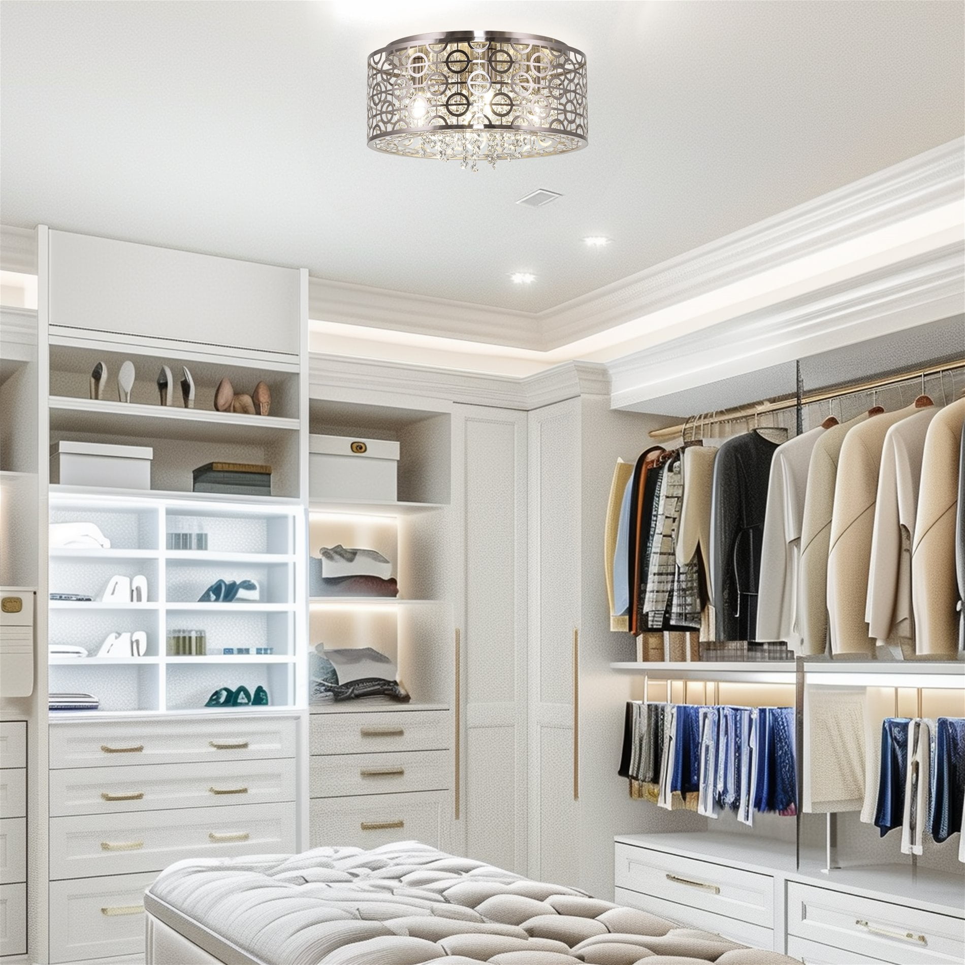 Kira Home Brielle 15" Modern Chic 4-Light Crystal Flush Mount Chandelier + Round Metal Shade, Dimmable, Brushed Nickel
