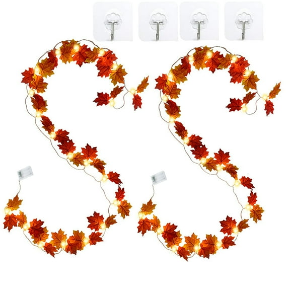 Coolmade 2 Pack 19.6ft Fall Decor for Home Thanksgiving Decorations Lighted Fall Garland Maple Leaves with 20 LED Battery Operated Indoor Outdoor String Lights Garland Autumn Harvest Party Décor