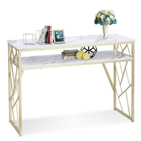 Ivinta  Narrow Console Table with Storage, White Sofa Table with Shelf for Living Room, Entryway Table with Gold Metal Frame