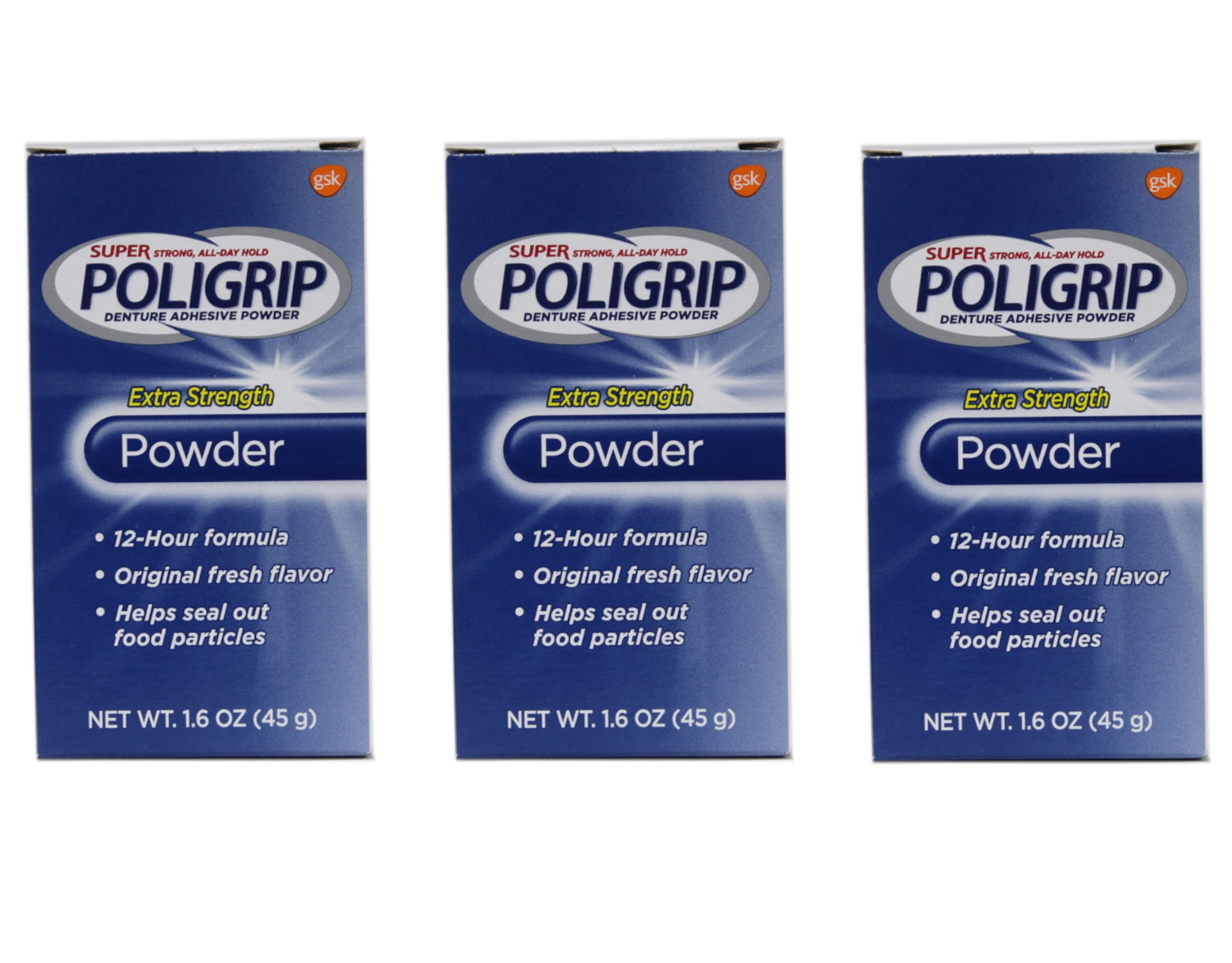 3 Pack Super Poligrip Extra Strength 12h Denture Adhesive Powder, 1.6 Oz Each