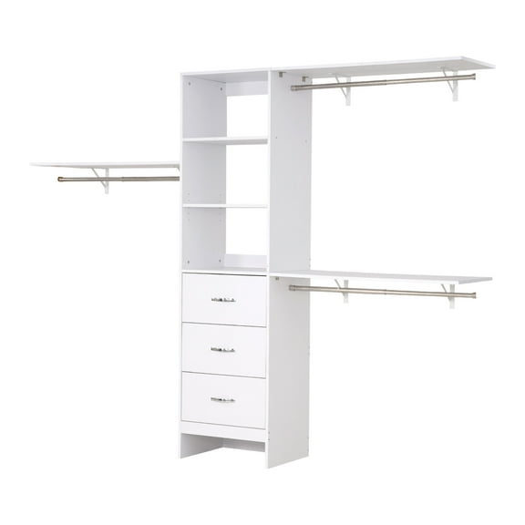 KFFKFF Adjustable Closet System with 3 Drawers, Wooden Closet Organizer for Walk-in Wardrobes, Freestanding Storage Unit with 3 Retractable Clothes Rods, Modern Design, White