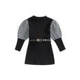 thumbnail image 1 of SUNSIOM Bébé Filles Automne Robe Pied de Poule Imprimé Longue Manches Bouffantes Robe Côtelée avec Ceinture Tenue d'Automne, 1 of 7