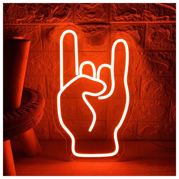 Letrero De Neón "Rock On Hand" Con Gesto Musical. Decoración Para Sala Juegos, Dormitorio, Bar, Estar O Fiesta Cumpleaños Medidas 40x24cm