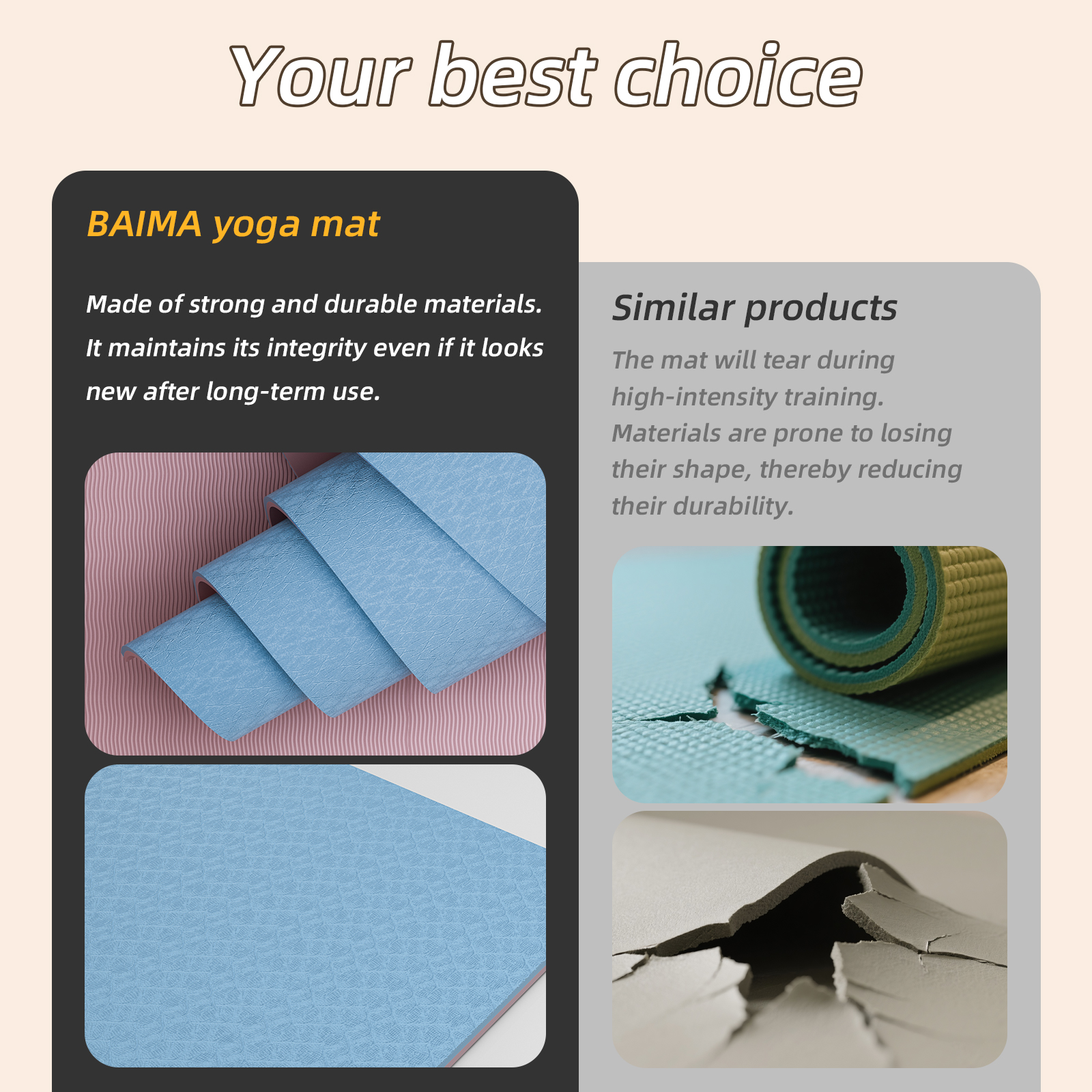 BAIMA TPE Yoga Mat - Tear-Resistant, Lightweight, Non-Slip Double-Sided Exercise Mat with Carry Strap(blue+Pink)