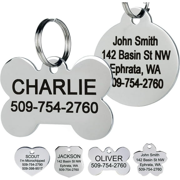 GoTags Stainless Steel Pet ID Tags, Personalized Dog Tags and Cat Tags, up to 8 Lines of Custom Text, Engraved on Both Sides, in Bone, Round, Heart, Bow Tie and More