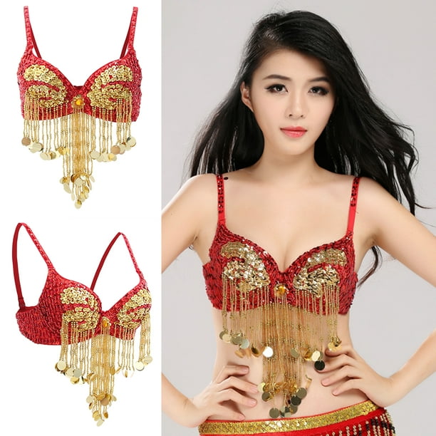 Glitter Belly Dance Camisole Tops Sequins Tassel Bra Costume Night , as  described Red 
