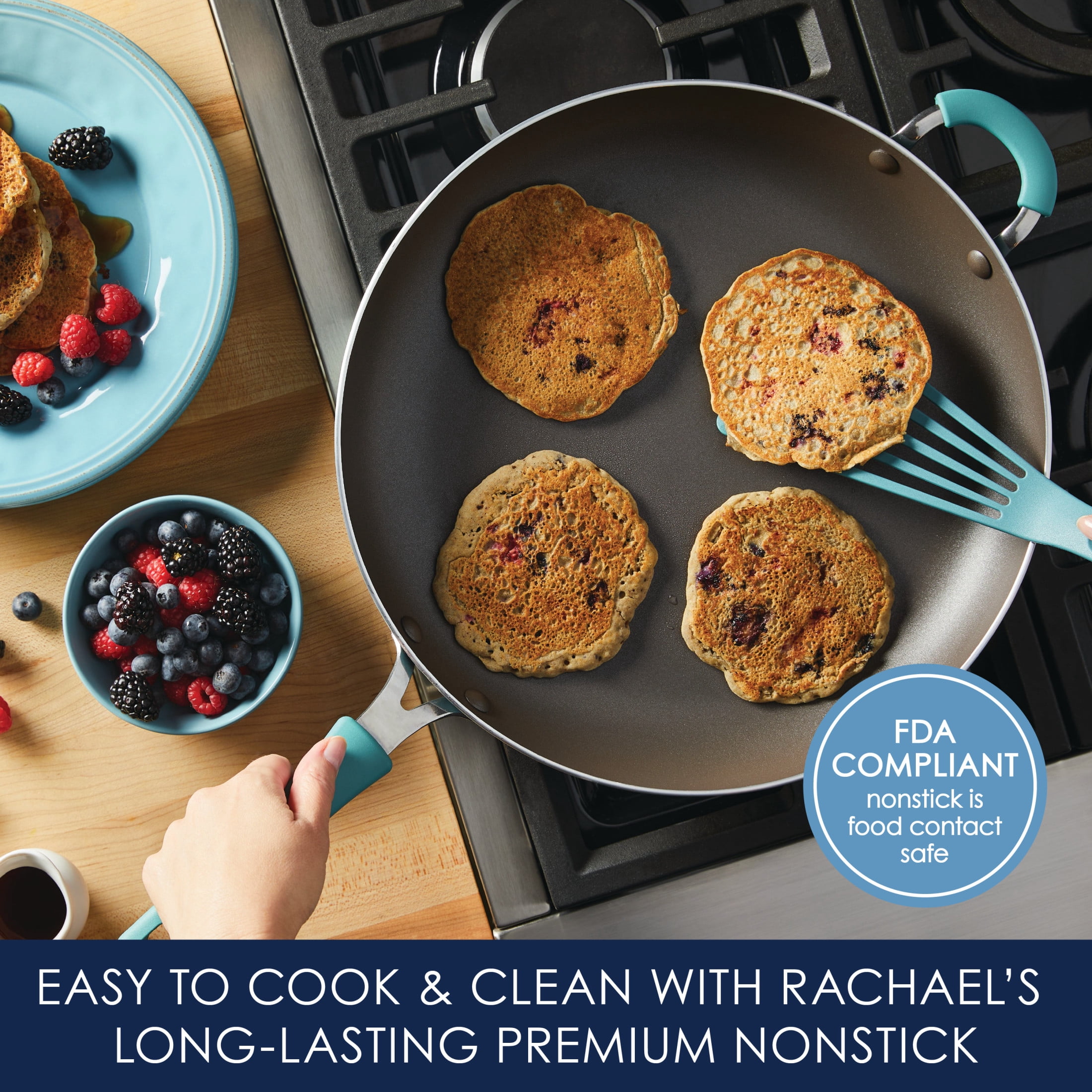 Rachael Ray Cook + Create 14 inch Aluminum Nonstick Frying Pan, Agave Blue