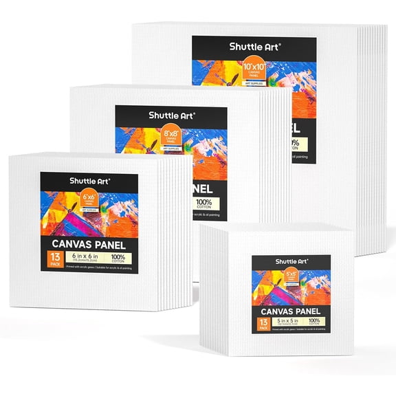 Shuttle Art Painting Canvas Panel, 52 Multi Pack, 5x5, 6x6, 8x8, 10x10 inch (13 PCS of Each), 100% Cotton Art Canvas Board Primed White, Blank Canvas