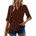 thumbnail image 5 of Bbyeadc Women 3/4 Length Sleeve Button V neck Shirts Solid Color Lightweight Casual Tops Basic Summer Tee,Brown(L), 5 of 5