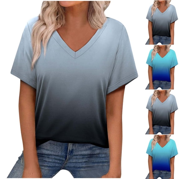 YHAJDS Womens Tops Short Sleeve V Neck T Shirt Gradient Color Casual Summer Tee