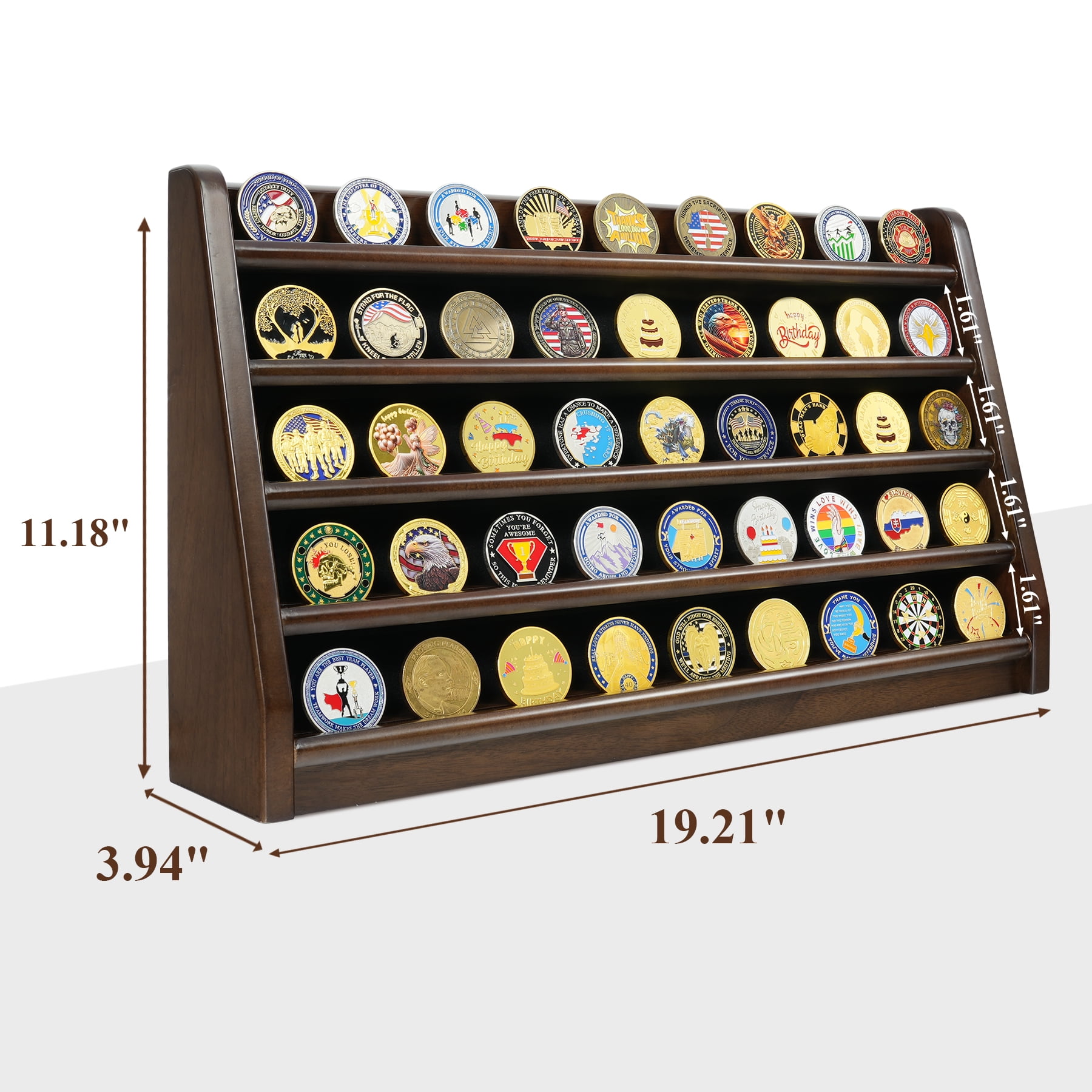 Atsknsk Challenge Coin Display Case, 5 Rows Military Wooden Holder Stand Holds 45 Coins for Wall or Desk Display, Coin Rack for Coin Collection