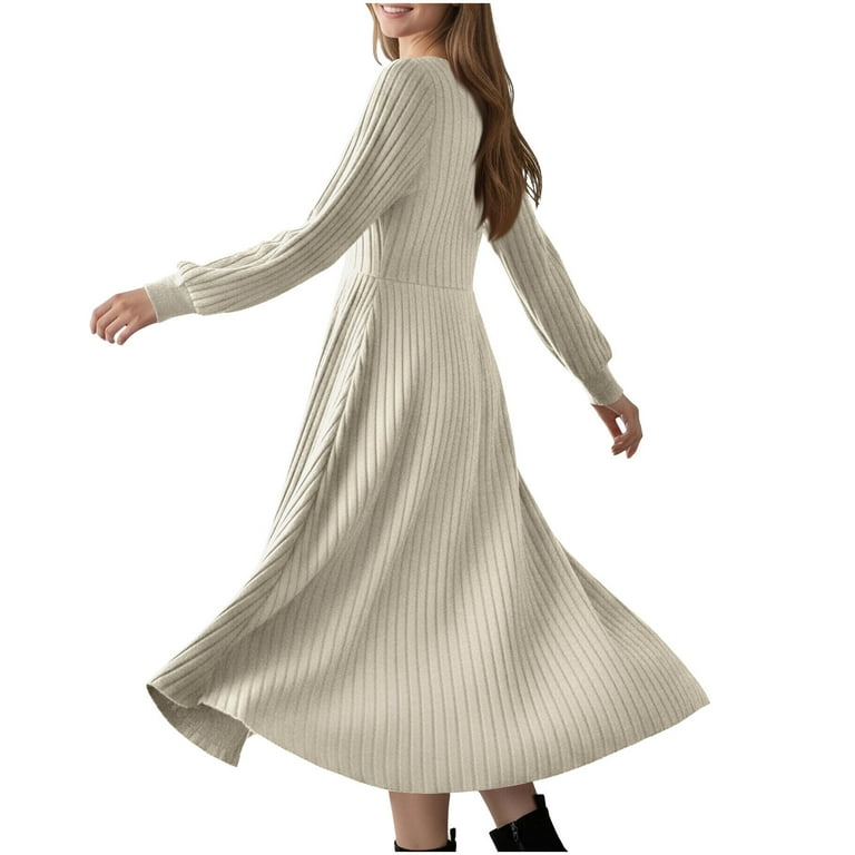 Tdoqot Womens Wedding Guest Dresses- Casual Ribbed Knit Long Sleeve  Crewneck Elegant Spring Maxi Dresses Beige Size M - Walmart.com
