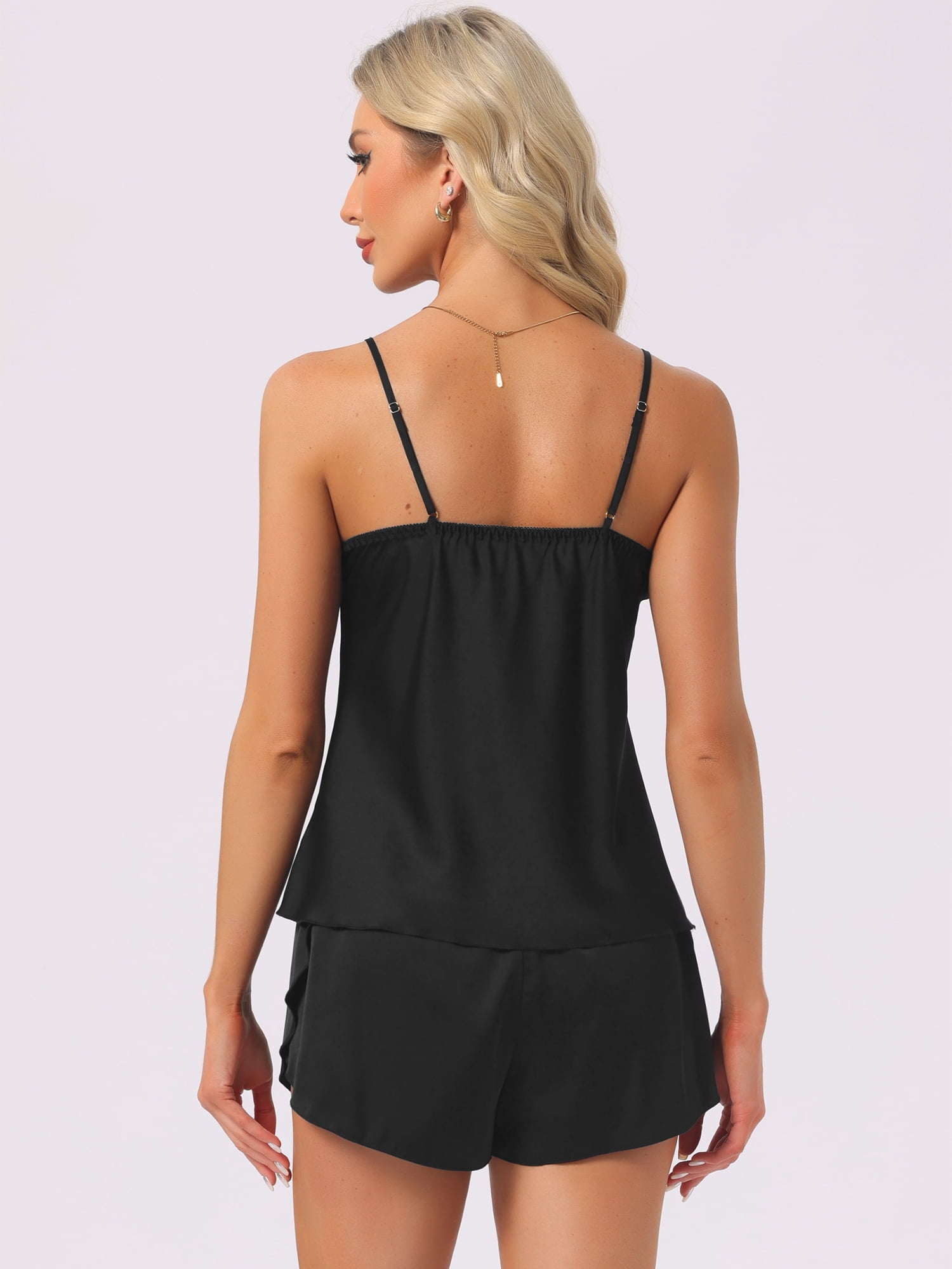 DARING DIVA Women's Satin Silky Camisole Sleeveless Cami and Shorts Pajamas Set L Black