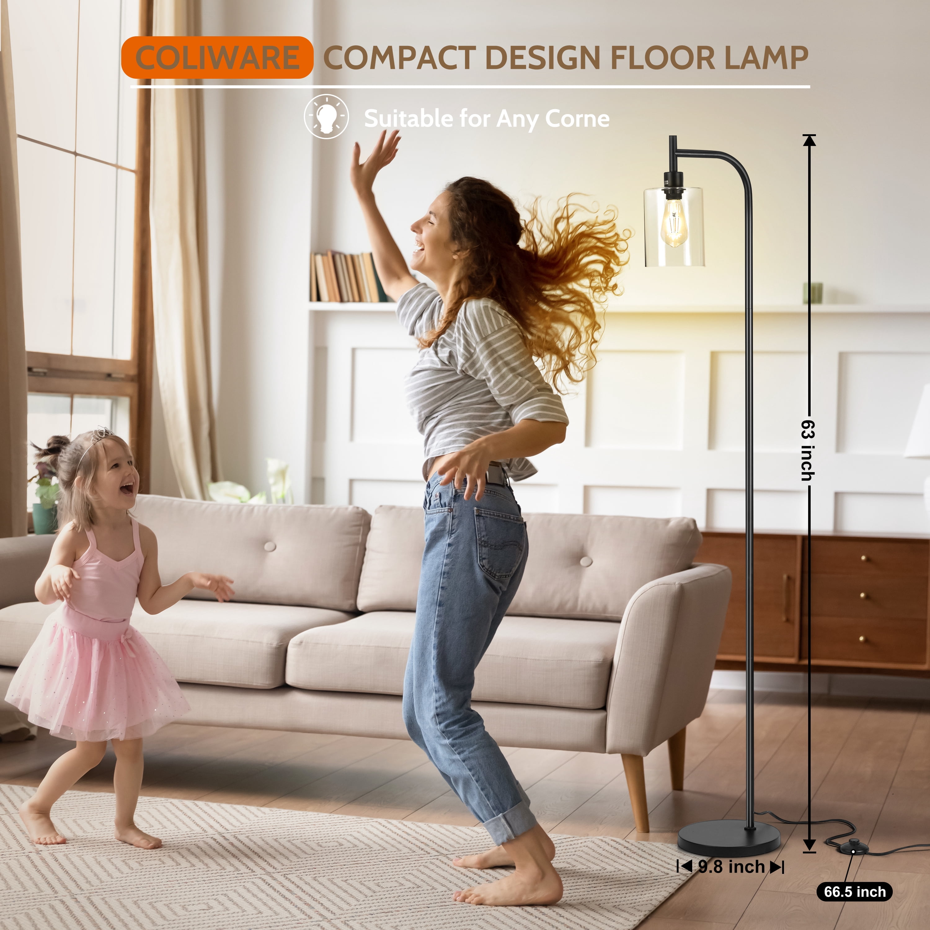 Coliware Arc Floor Lamp with Acrylic Lampshade, Modern Tall Standing Lamp with Foot Pedal Switch, Farmhouse Industrial Pole Light for Living Room Bedroom Yard, Bright LED Bulb Included