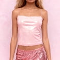 thumbnail image 2 of Wang6 Women Cropped Sequin Camisole Trendy Spaghetti Strap Sparklers Cami Tank Tops Square Neck Mardi Gras Sleeveless Undershirts Tees Pink L, 2 of 6