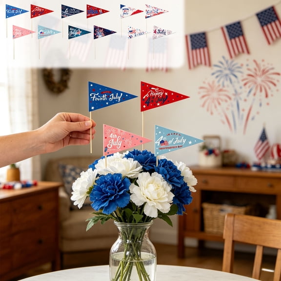 Beautynvta 12 Pcs 4th of July Cake Picks, Triangle Flags USA Toothpick Flags, Mini Stick Cupcake Toppers for Independence Day Cupcake Appetizers Party Decor