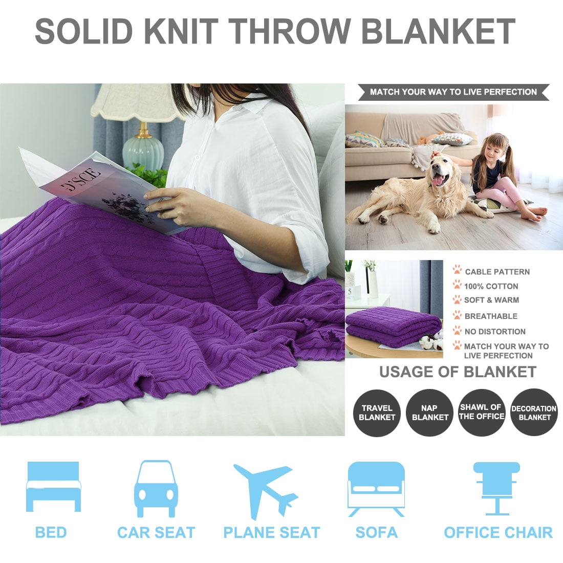 Unique Bargains 100% Cotton Soft Cable Knit Blanket Purple Throw(47" x 70")
