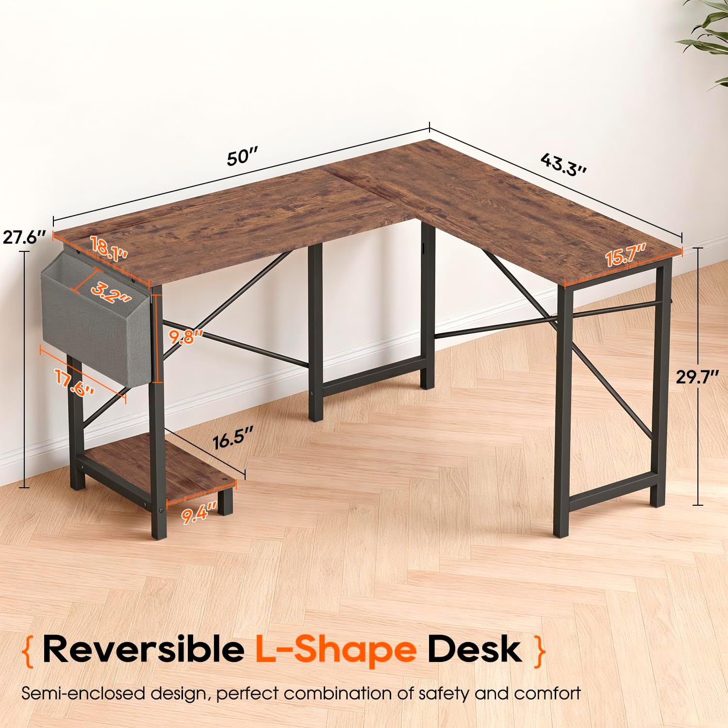 Dkelincs 50 inch L Shaped Home Office Desk with Side Storage Bag & CPU Stand, Corner Computer Desk for Study Writing & Gaming, Brown