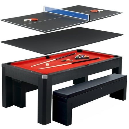 Hathaway Park Avenue 7-Foot Pool Table Tennis Combination with Dining Top, Two Storage Benches, Free Accessories