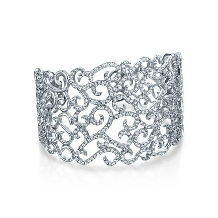Bling Jewelry Cubic Zirconia Pave Swirl Bridal Cuff Bracelet Rhodium Plated