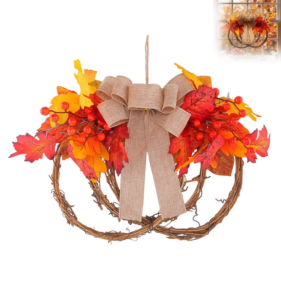 PLLFRLRT Pumpkin Shaped Fall Rattan Wreath Maple Red Berry Front Door Wreaths with Bow Farmhouse Wall Window Decors
