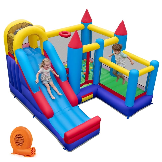 Gymax Inflatable Bounce House 4-in-1 Kids Bouncer w/ Long Slide Jumping Area Climbing Wall Basketball Hoop Indoor Outdoor(with 750W Blower)