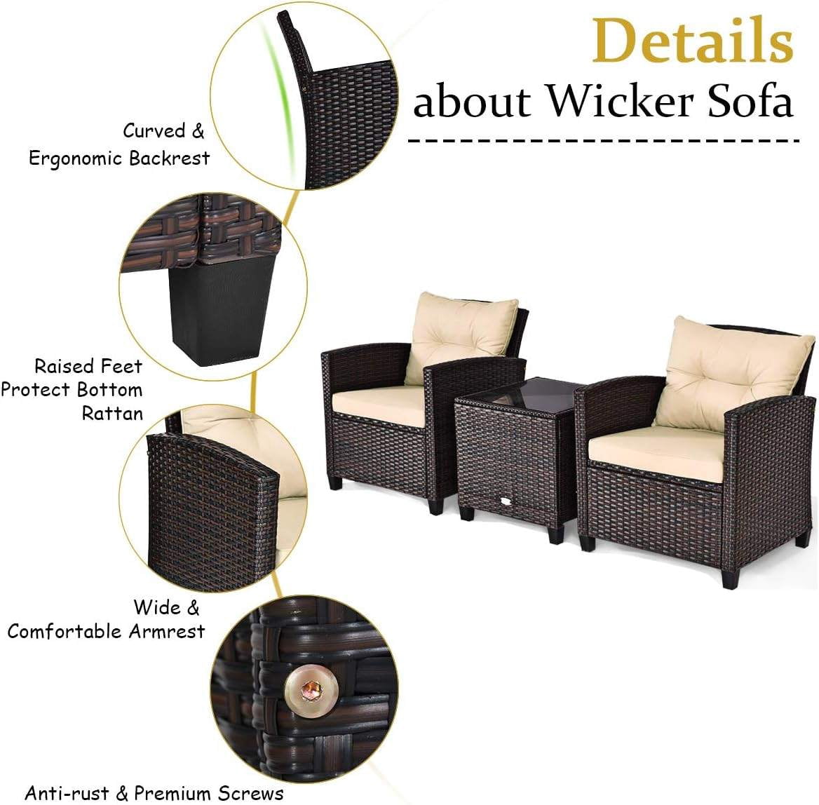 3-Piece Outdoor Patio Sofa Set with Washable Cushions and Tempered Glass Tabletop, Beige