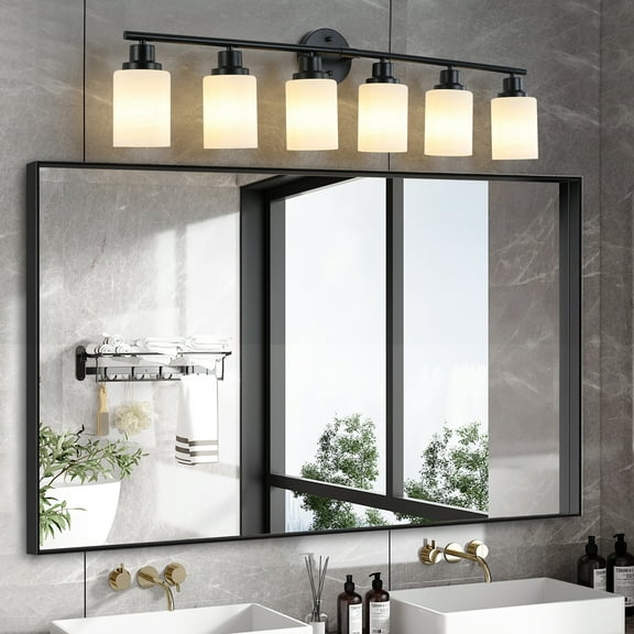 39" Modern 6-Light Vanity Bathroom Mirror Light, Frosted White Glass with Black Iron Frame, Contemporary Wall Sconce for Bedroom, Bathroom, and Dressing Room (No Bulbs)