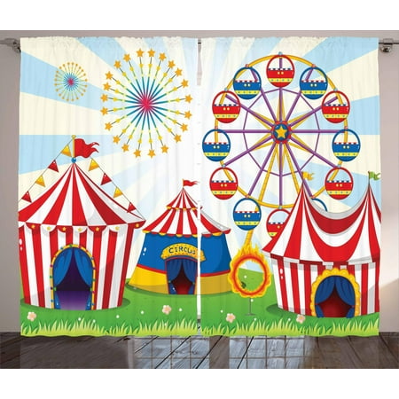Curtains With Rings Ferris Wheel Curtains 2 Panels Set, Illustration of a Carnival with Striped Tents Ring of Fire Starbursts Pattern, Window Drapes for Living Room Bedroom, 108W X 96L Inches, Multicolor, by Ambesonne ()