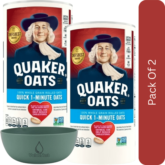 Quaker Quick 1-Minute Oats – Quick Cook Oatmeal, 42 oz Canister-2pk, With Olive Green Bowl By ValueNest