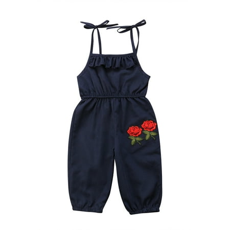 

Infant Baby Girl 3D Rose Embroidery Sleeveless Halter Strappy Jumpsuit Sunsuit Ruffle Romper Outfit