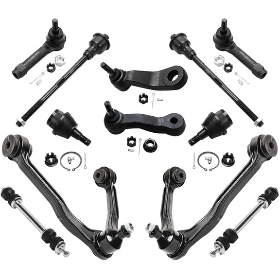 Detroit Axle - 12pc Front End Kit for Chevy Silverado Sierra Suburban Avalanche Tahoe GMC Yukon XL Cadillac Escalade ESV EXT, Control Arms Ball Joints Tie Rods Sway Bars Pitman Idler Arms Replacement