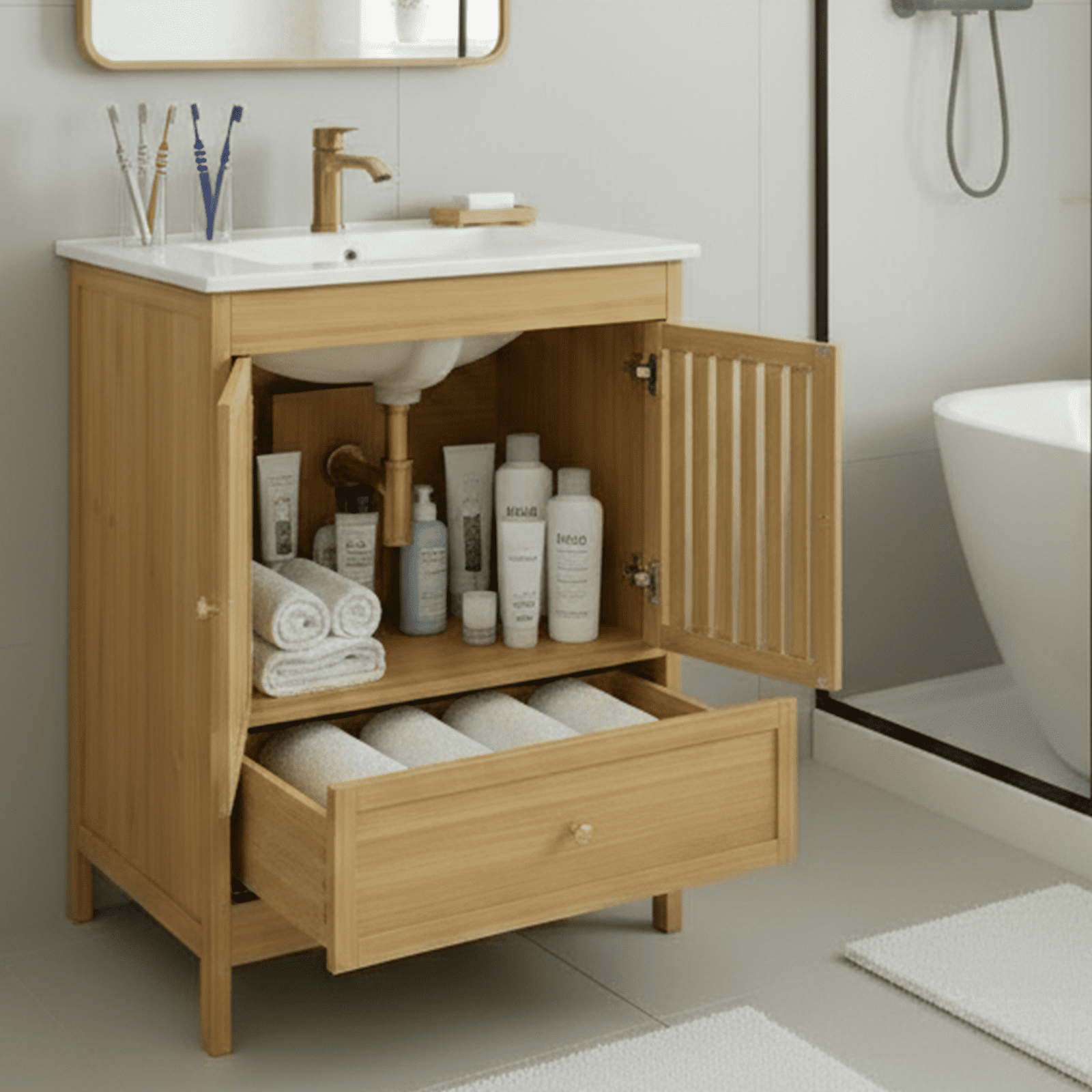 Naturoasis 30" Bathroom Vanity with Sink, Solid Wooden Free Standing Bathroom Cabinet, Farmhouse Bamboo Storage Cabinet with Large Drawer, Soft-Closing Louvered Doors with Built-in Shelves