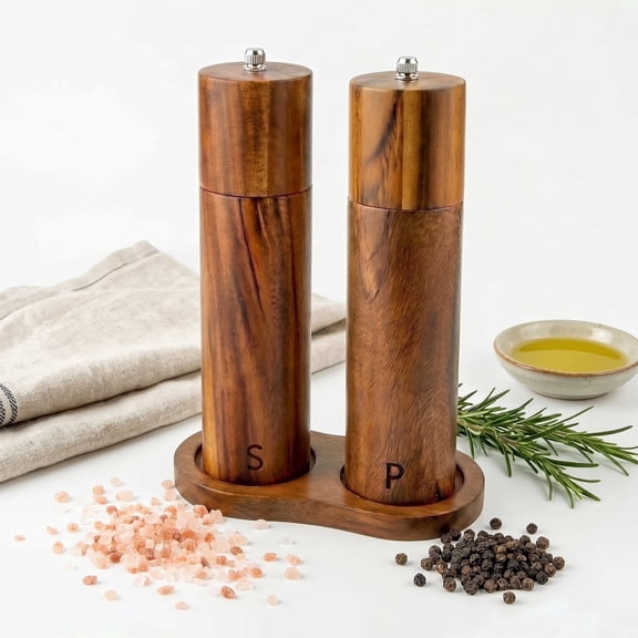 2 Pack Acacia Wood Salt and Pepper Grinder Set, 8-Inch Manual Mills with Adjustable Coarseness and Refillable Bases