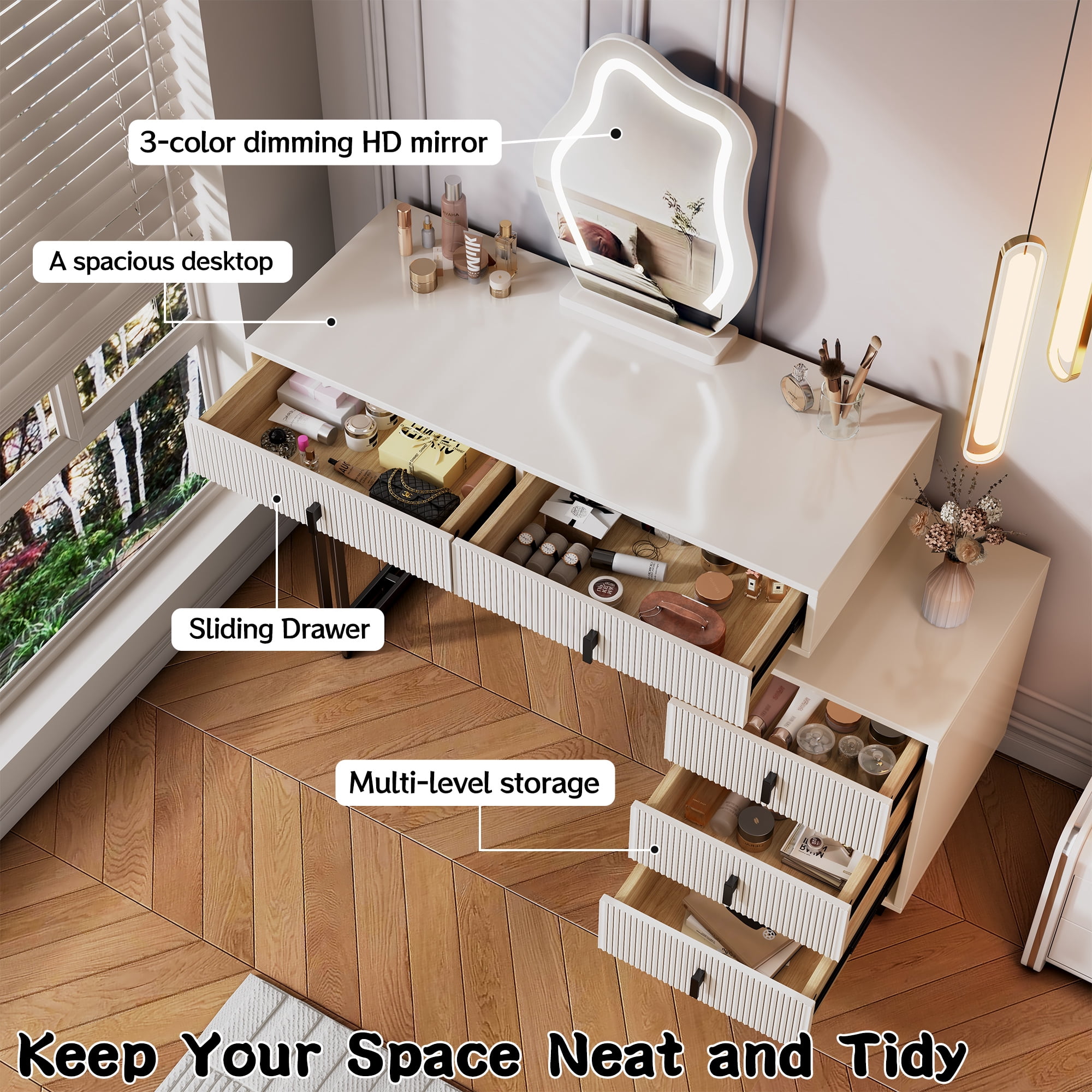 Mintazer Modern Vanity Desk with Cloud LED Mirror & Reversible Side Cabinet, Ribbed Texture Makeup Vanity Table with 5 Drawers & Gloss Top for Bedroom, White