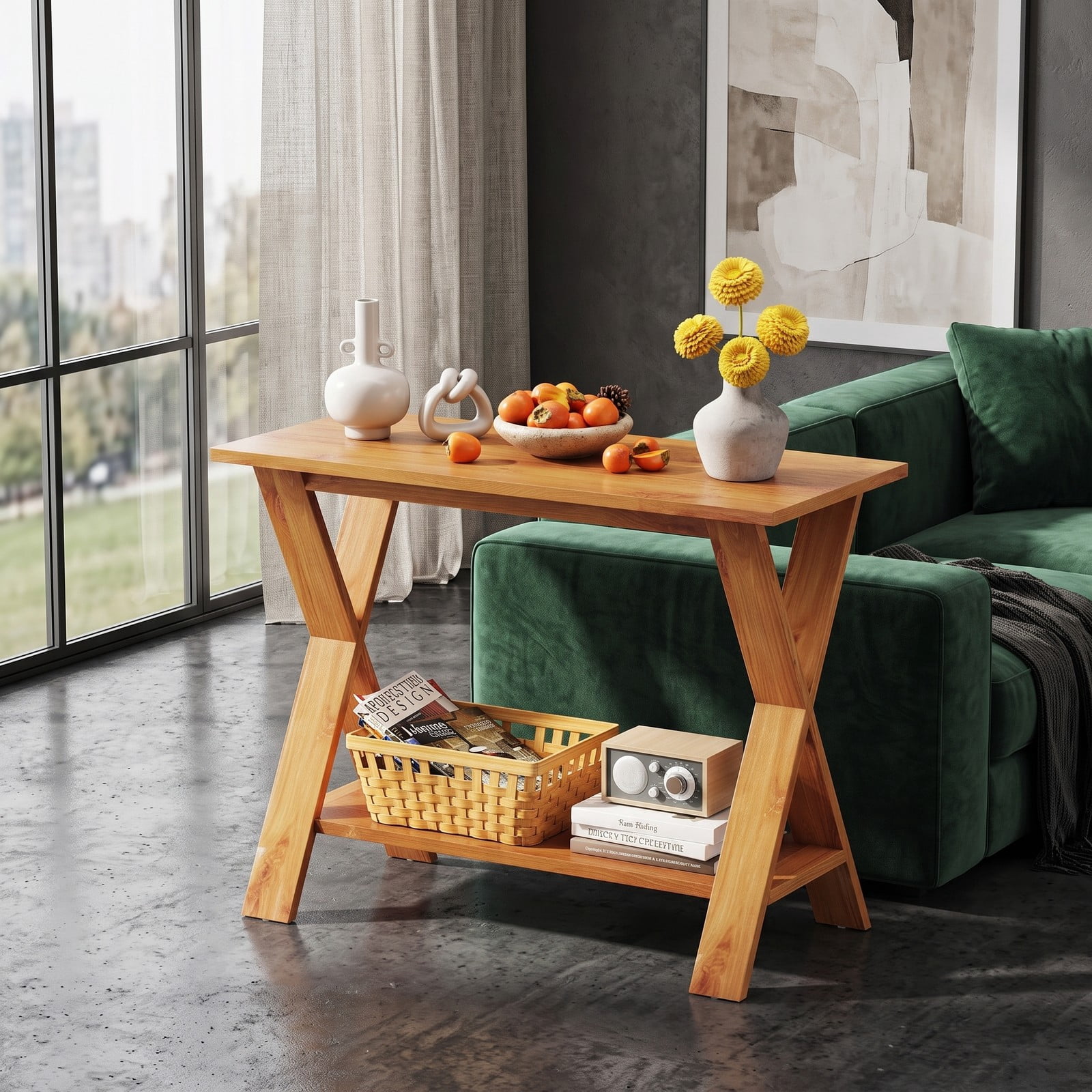 Furnibear 35 Inch Solid Teak Wood Console Table with Open Storage Shelf and X-Shaped Legs for Entryway and Living Room, Natural