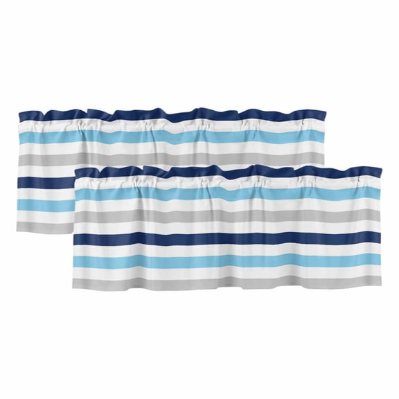 Blue Navy Striped Valances for Windows, Decorative Rod Pocket Window Valance Curtains, Simple Abstract Greyish Lines Art Short Curtain Drapes for Kitchen/Bathroom/Living Room, 2 Panels, 42" W x 12" L