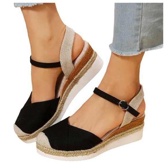 Modisza Women Espadrilles Wedge Sandals Summer Casual Walking Sandal Closed Toe Arch Support Shoes with Buckles Ankle Strap Black Size 5.5