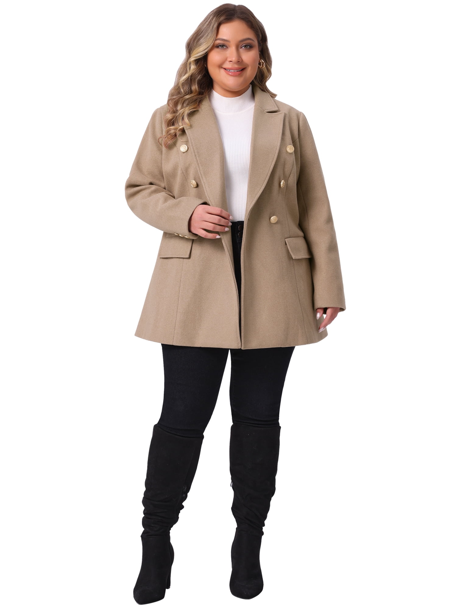 DARING DIVA Women's Plus Size Double-Breasted Notched Lapel Peacoat 1X Camel